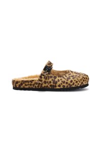 Pantofole slingback con stampa leopardata, interno morbido, punta arrotondata e una fibbia decorativa nera. Suola in gomma nera con texture.