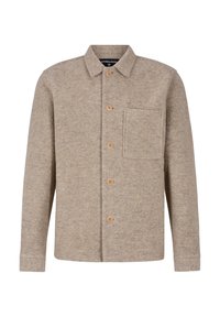 Giacca di lana beige con colletto, cinque bottoni in legno e una tasca sul petto. Presenta maniche lunghe e una finitura testurizzata.