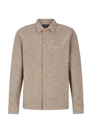 Beige Wolljacke mit einem Kragen, fünf Holzknöpfen und einer Brusttasche. Hat lange Ärmel und eine strukturierte Oberfläche.