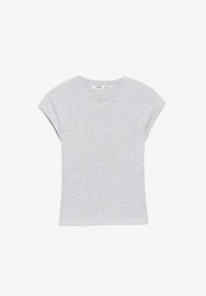 Hellgraues T-Shirt mit kurzen Ärmeln, Rundhalsausschnitt und leicht verlängerten Schulternähten, flach auf einem weißen Hintergrund liegend.