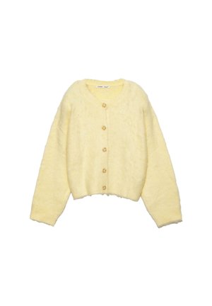 Cardigan galben, pufos, cu decolteu rotund, mâneci lungi și o croială scurtă. Prezentă șase nasturi rotunzi pe față. Textură moale.