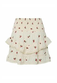 Jupe blanche à volants en tissu léger, ornée d'un imprimé cerise, de points texturés et de dentelle au bord. Design avec volants et ceinture élastique.