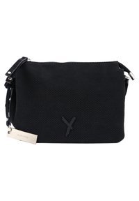 Black perforated suede handbag with a zip closure, silver hardware, adjustable strap, and embossed logo detail on the front.