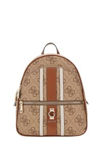 Zaino con logo marrone stampato, strisce crema e marroni, con hardware dorato e tasca con zip frontale. Misura circa 30 cm.