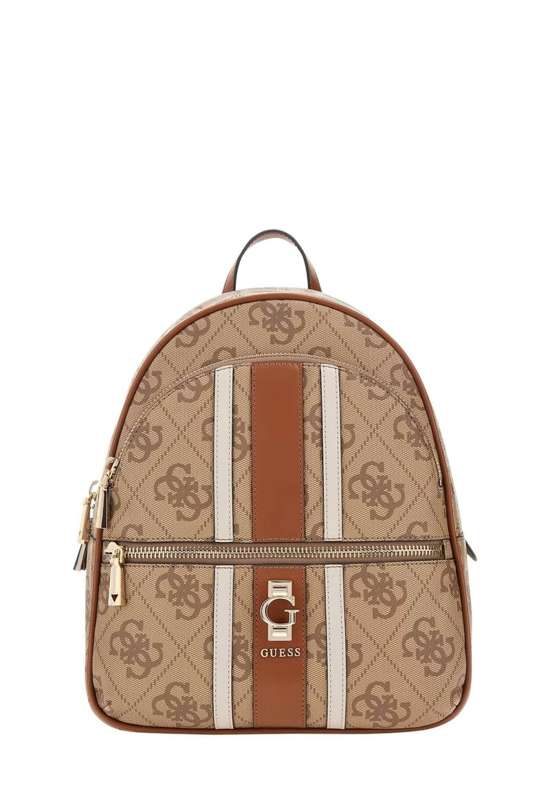 Zaino con logo marrone stampato, strisce crema e marroni, con hardware dorato e tasca con zip frontale. Misura circa 30 cm.