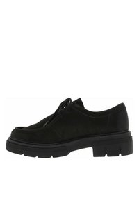 Chaussure noire en cuir à lacets avec bout arrondi, tige texturée et semelle en caoutchouc épaisse dotée d'un talon légèrement surélevé.