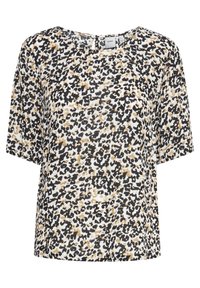 Top a maniche corte in tessuto leggero con motivo leopardato nero, bianco e oro, colletto rotondo e vestibilità rilassata.