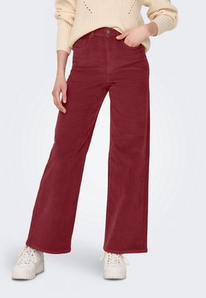 Personne portant un pantalon large en velours côtelé rouge, un pull en maille crème et des baskets blanches à plateforme, debout avec une main dans la poche.