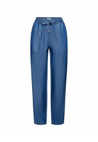 Pantalon droit en jean bleu avec taille élastique et cordon de serrage, doté de deux grandes poches plaquées à l'avant.