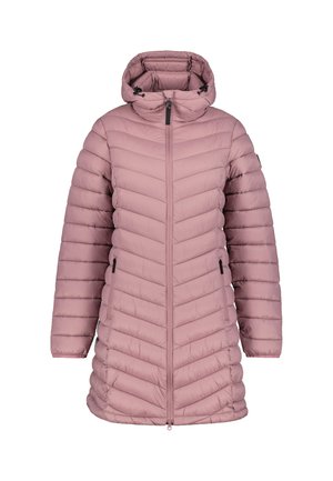 Długa mauve pikowana kurtka puchowa z kapturem, zamkiem z przodu i zamykanymi kieszeniami bocznymi, pokazana na białym tle.