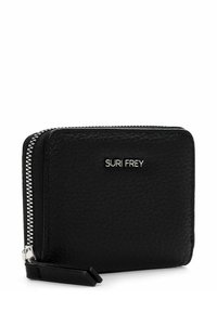 Black leather wallet with a textured finish, featuring a silver zipper and branded detail on the front. Compact rectangular shape.