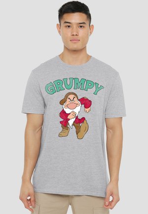 Gray cotton t-shirt featuring a graphic print of a character with a white beard, red attire, and bold "GRUMPY" text in green above.