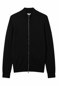 Maglione zip-up nero con colletto alto, realizzato in tessuto morbido, dotato di due tasche frontali e polsini a coste. Design pulito e minimalista.