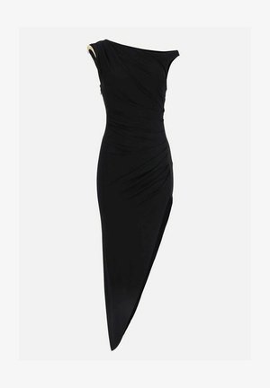 Sort asymmetrisk kjole med én skulder, asymmetrisk kant og sideslids, med rynket detalje på overdel og nederdel.