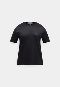 Μαύρο κοντομάνικο T-shirt από απαλό ύφασμα, με στρογγυλή λαιμόκοψη και μικρό γκρι λογότυπο στην αριστερή πλευρά του στήθους.