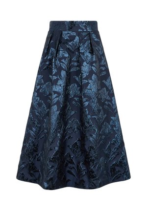 Navy blue midi skirt with high waist, pleats, and metallic floral jacquard pattern in shades of blue and black.