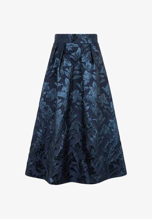 Jupe midi bleu marine à taille haute, plissée, avec un motif jacquard floral métallique en nuances de bleu et noir.