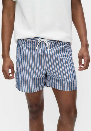 Mand iført blå, hvide og røde lodrette stribede badeshorts med en hvid snor og en ensfarvet hvid kortærmet skjorte.