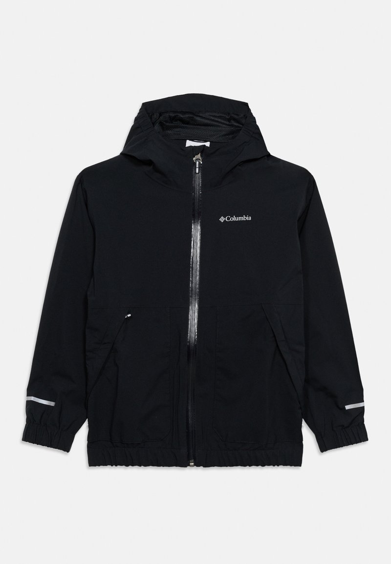 Veste à capuche Columbia noire avec fermeture éclair à l'avant, deux poches latérales, poignets élastiques et bandes réfléchissantes sur les manches.