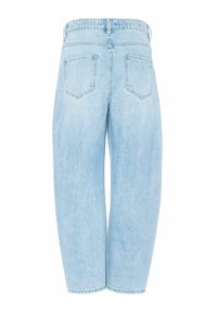 Jeans di denim azzurro chiaro con una vestibilità comoda, dotati di vita alta, due tasche posteriori e orli finiti senza ulteriori decorazioni.