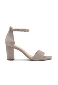 Szare zamszowe sandały na wysokim obcasie z kwadratowym noskiem, paskiem wokół kostki i słupkowym obcasem. Posiadają gładką fakturę i minimalistyczny design.