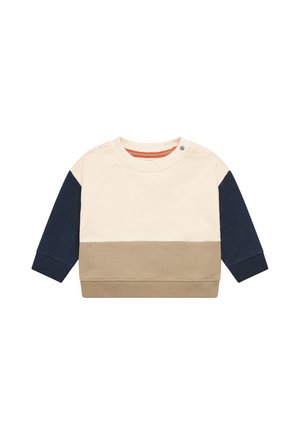 Langarm-Kleinkind-Sweatshirt mit cremefarbenem Oberkörper, beigem Unterkörper und marineblauen Ärmeln, mit rundem Ausschnitt und Druckknopf an der Schulter.