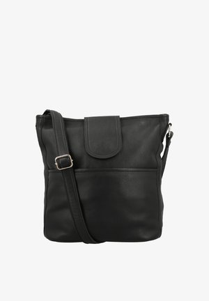 Sort læder crossbody taske med justerbar rem, forlommer og klaplukning mod hvid baggrund.