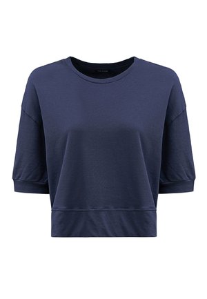 Marineblauwe cropped sweatshirt met korte mouwen, ronde halslijn, zachte katoenstof en een ontspannen fit. Accentueert door een subtiele verhoogde naad aan de zoom.