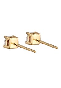 Goldfarbene Ohrstecker mit klaren runden Kristallen, die in einer quadratischen Metallbasis mit verlängerten Postbacken eingearbeitet sind.