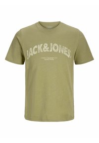 Olivengrünes Baumwoll-T-Shirt mit Rundhalsausschnitt, kurzen Ärmeln und einem großen weißen Logo "JACK&JONES" quer über der Brust, mit strukturiertem Druckdetail.