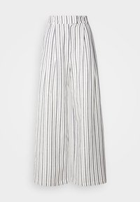 Pantalon blanc à jambes larges avec des rayures noires verticales et une taille haute avec passants pour ceinture, présenté sur un fond uni.