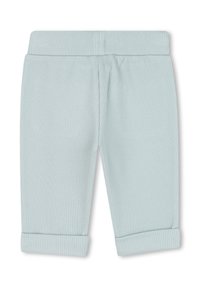 Lichtblauwe geribde legging met een zachte textuur, voorzien van een brede tailleband en opgerolde cuffs aan de zoom. Eenvoudig ontwerp, geen zichtbare versieringen.