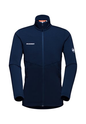 Navy blue fleece jacket with high collar, full zipper, two side pockets, and white logo. Smooth texture and fitted design.