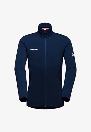 Navyblaues Fleece-Jacke mit hohem Kragen, durchgehendem Reißverschluss, zwei Seitentaschen und weißem Logo. Glatte Textur und taillierte Passform.