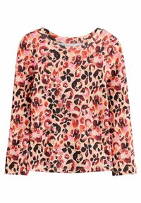 Camisa de manga larga de estampado de leopardo con textura acanalada, tejido suave, escote con forma de concha y una paleta de colores que incluye tonos de rosa, rojo y negro.