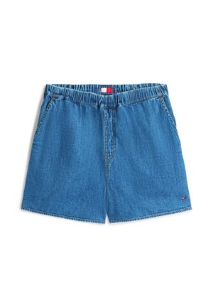 Blauwe denimshorts met elastische tailleband, voorzakken en een klein Tommy Hilfiger-logo op het onderste rechterbeen.