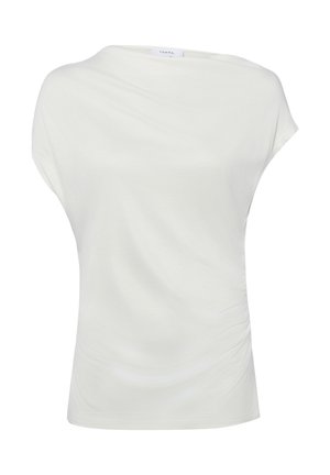 White short-sleeve blouse with boat neckline, subtle side ruching, and a relaxed fit.