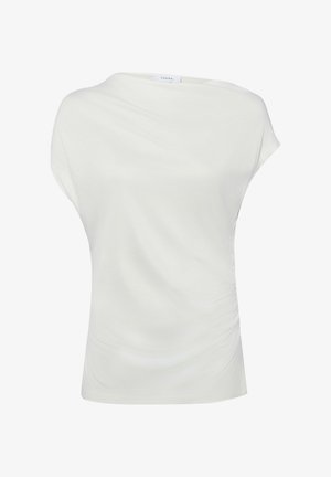 Blouse blanche à manches courtes avec encolure bateau, fronces latérales discrètes et coupe décontractée.