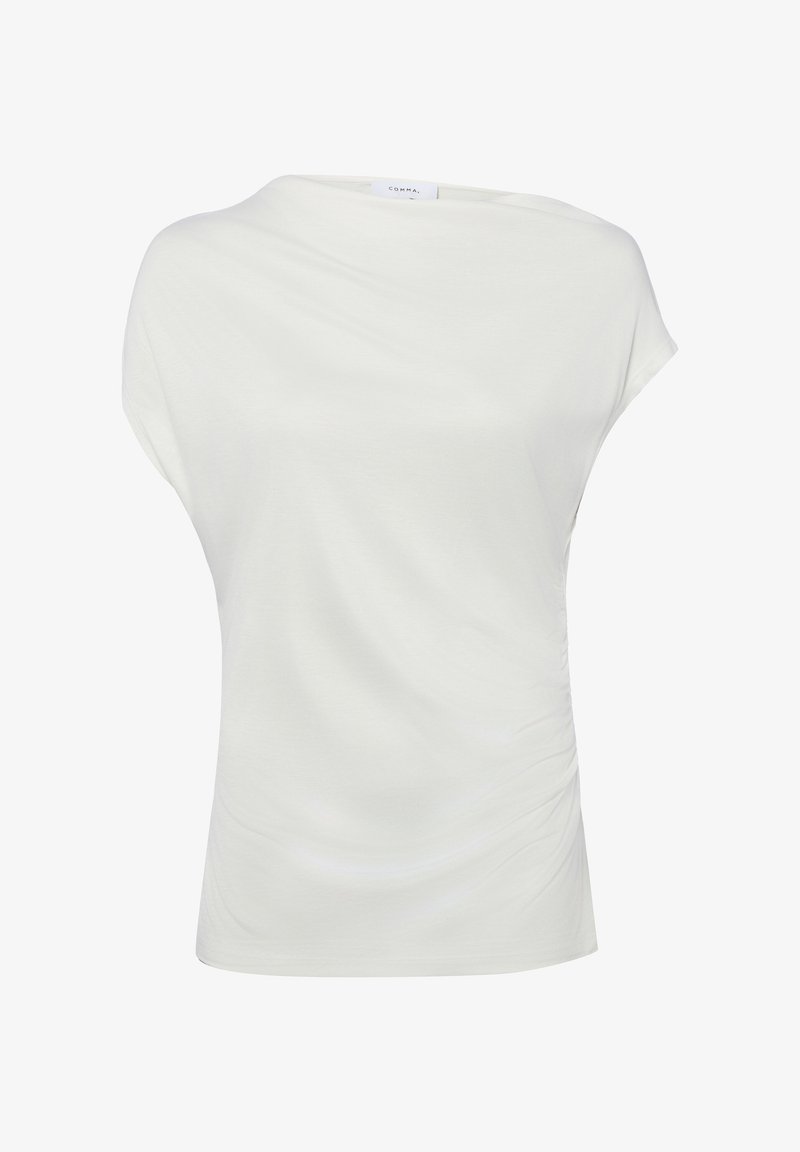 Wit blouse met korte mouwen, bootnek, subtiele plooien aan de zijkant en een relaxte pasvorm.