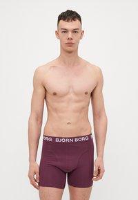Bordo bokserice s bijelim pojasom s logotipom "BJÖRN BORG", izrađene od rastezljivog materijala, s uskim krojem i glatkom teksturom.