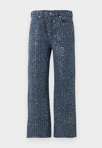 Wide-leg trousers in dark blue with a textured, sparkly finish. Features two front pockets and a button closure with gold accents.