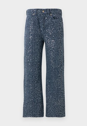 Tummansiniset leveälahkeiset housut, joissa on tekstuuri ja kimaltava viimeistely. Ominaisuuksiin kuuluu kaksi etutaskua ja nappisulku kultaisilla yksityiskohdilla.