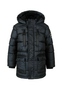 Svart vadderad jacka med huva, dragkedja framtill och två framfickor. Har en quiltad design och kontrasterande svarta dragkedjor.