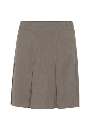 Grijze geplooide rok van geweven stof, met topstikdetails en een verborgen rits aan de zijkant voor sluiting.
