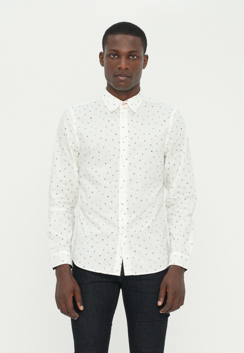White button-up shirt with multicolored letter print. Features a classic collar, long sleeves, and a tailored fit.