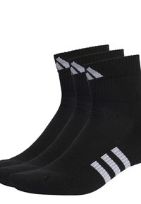 Calcetines deportivos negros con puños acanalados. Presenta un logo blanco y tres franjas en los lados. Fabricados con una tela suave y duradera.