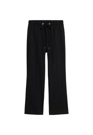 Pantalons larges noirs en tissu doux, dotés d'une taille élastique avec un cordon de serrage et des accents en métal doré.