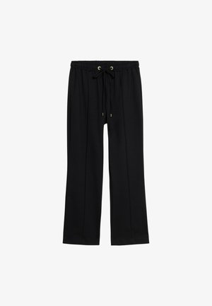 Schwarze weit geschnittene Hose aus weichem Stoff, mit einem Tunnelzugbund und Akzenten aus goldfarbigem Metall.