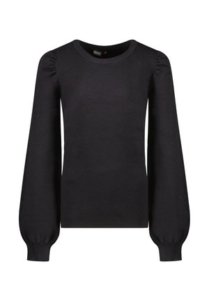 Schwarzer Pullover mit langen Ärmeln, runder Halslinie, tailliertem Oberteil und Puffärmeln. Rippenbündchen und Saum mit glatter Strickstruktur.