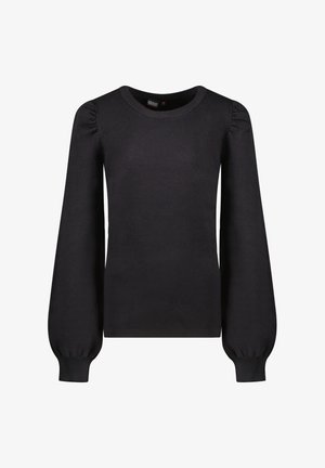 Zwarte lange mouwen trui met een ronde halslijn, aansluitend lijfje en pofmouwen. Geribbelde manchetten en zoom met een gladde breistekstuur.